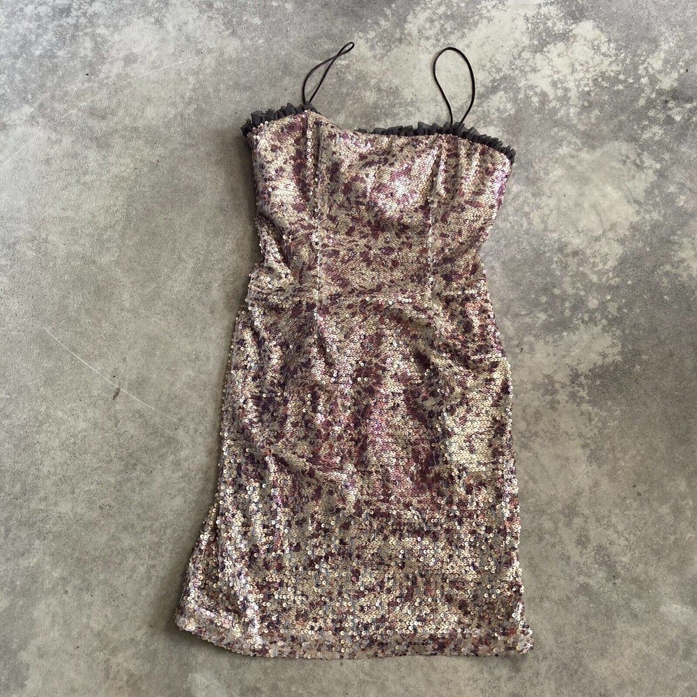 Hoaglund Dress Womens 4 Sequin Mini‎ Gold Bronze Spaghetti Strap Party